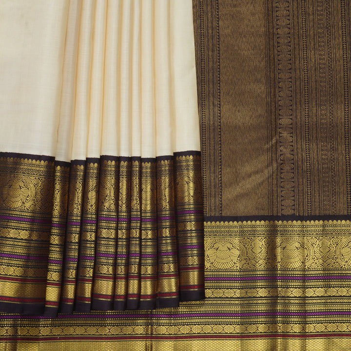 Hayagrivas Handloom Half-White Kanjivaram Silk Saree with Deep Jamun Border KBF247E5-1