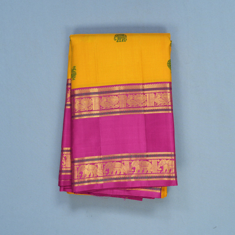 Hayagrivas Handloom Yellow Kanjivaram Silk Saree with Magenta-Pink Border KBF247E9-1