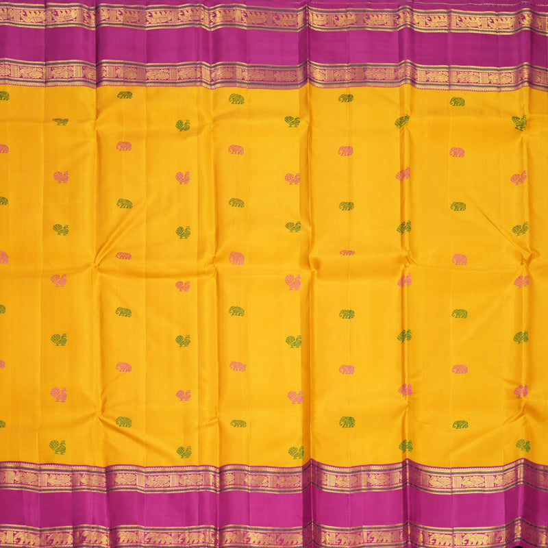 Hayagrivas Handloom Yellow Kanjivaram Silk Saree with Magenta-Pink Border KBF247E9-1