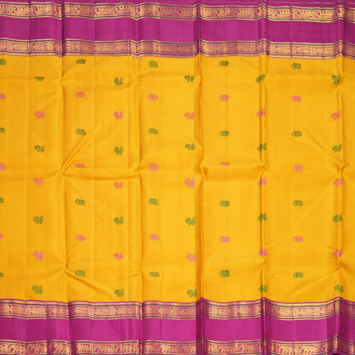 Hayagrivas Handloom Yellow Kanjivaram Silk Saree with Magenta-Pink Border KBF247E9-1