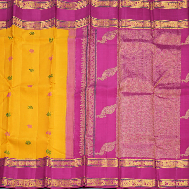 Hayagrivas Handloom Yellow Kanjivaram Silk Saree with Magenta-Pink Border KBF247E9-1