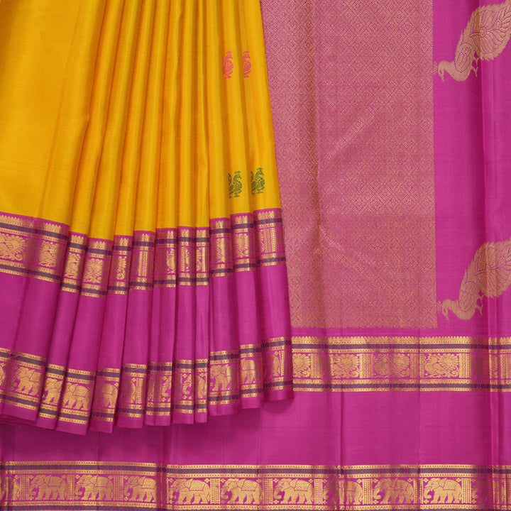 Hayagrivas Handloom Yellow Kanjivaram Silk Saree with Magenta-Pink Border KBF247E9-1