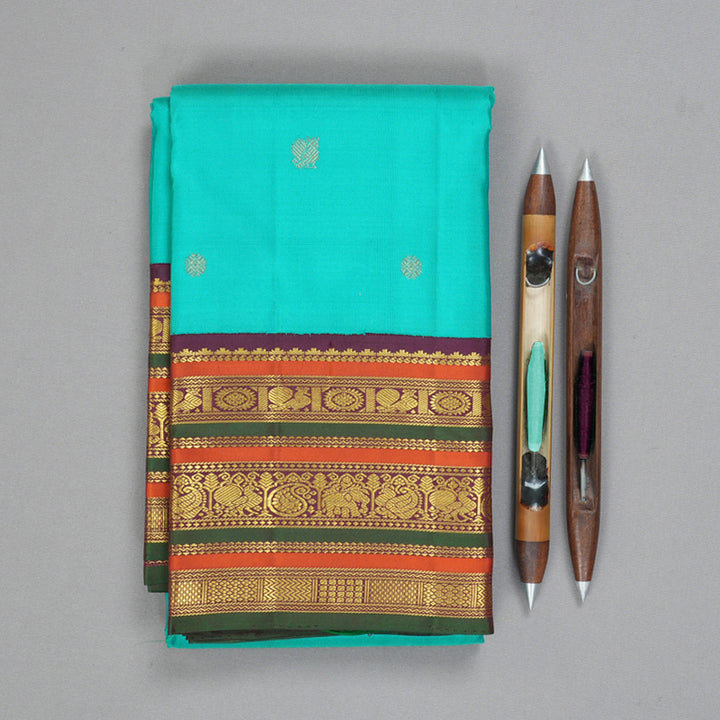 Hayagrivas Handloom Turquoise Blue Kanjivaram Silk Saree with Plum Purple Border KBF248E13-1