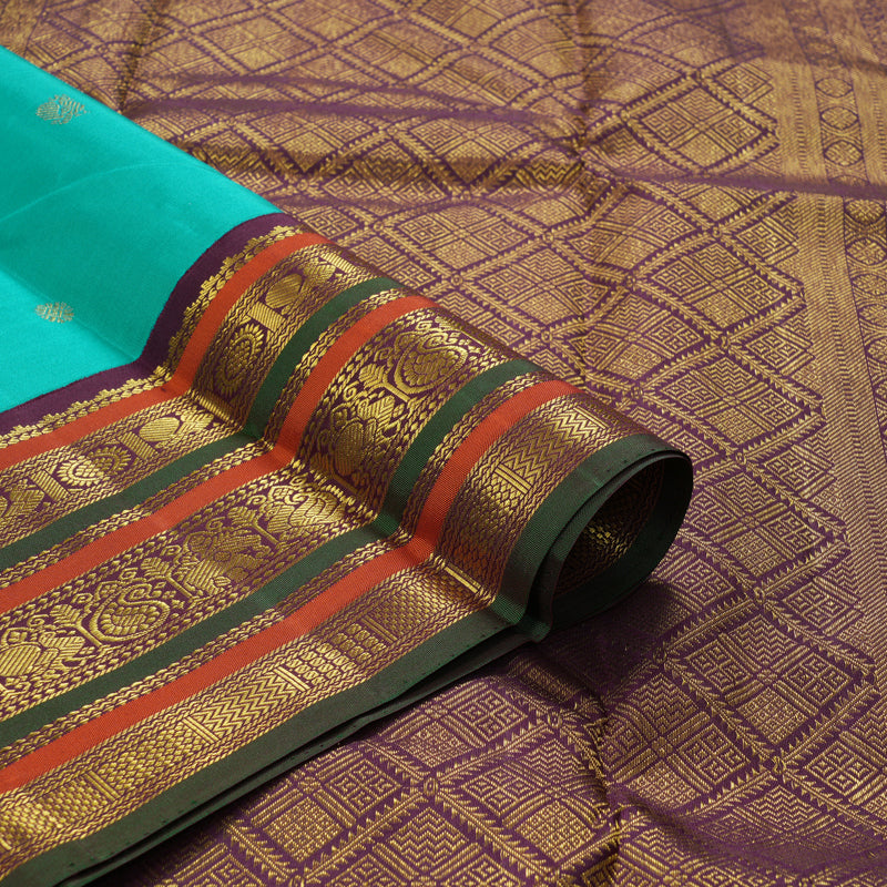 Hayagrivas Handloom Turquoise Blue Kanjivaram Silk Saree with Plum Purple Border KBF248E13-1