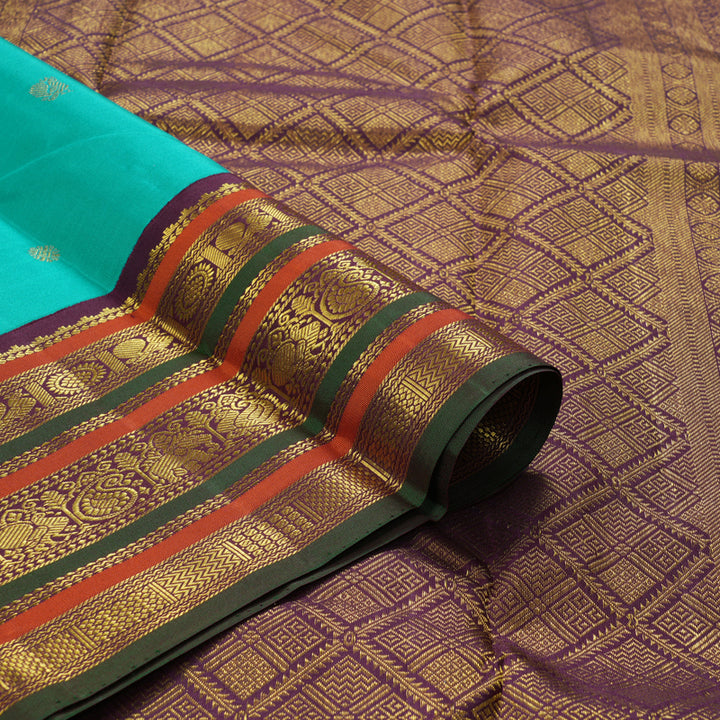 Hayagrivas Handloom Turquoise Blue Kanjivaram Silk Saree with Plum Purple Border KBF248E13-1
