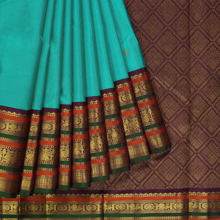 Hayagrivas Handloom Turquoise Blue Kanjivaram Silk Saree with Plum Purple Border KBF248E13-1
