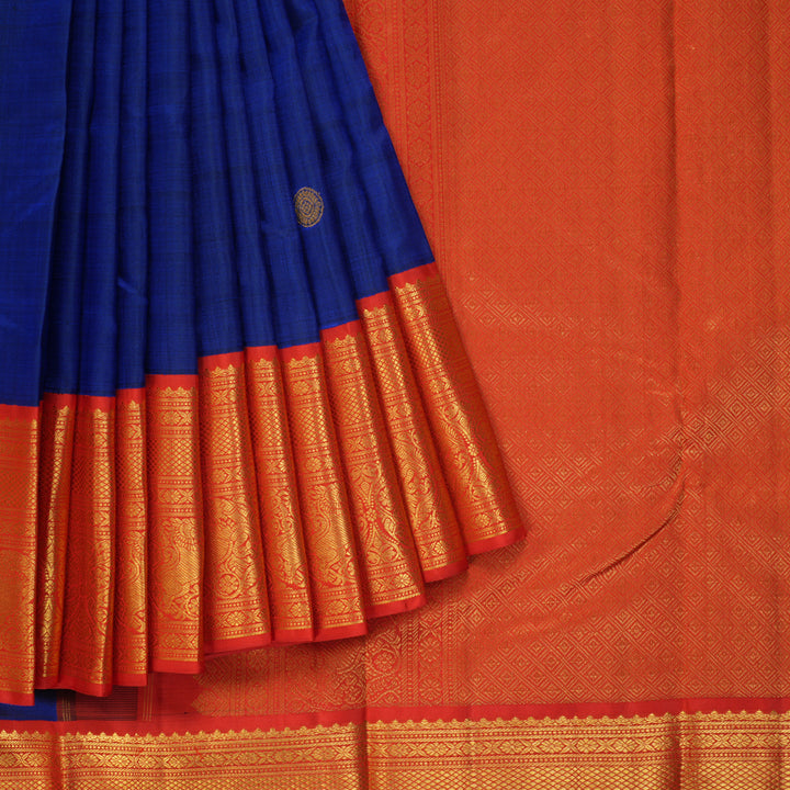 Hayagrivas Handloom MS Blue Kanjivaram Silk Saree with Reddish-Orange Border KBF248E13-2