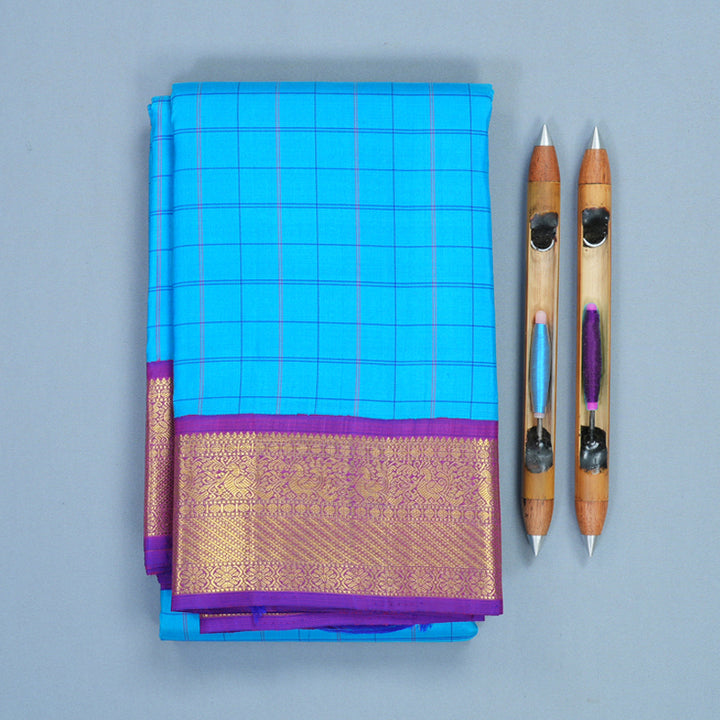Hayagrivas Handloom Sky Blue Kanjivaram Silk Saree with Purple Border KBF248E7-1