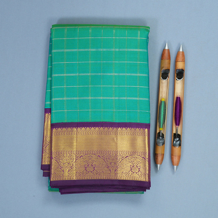 Hayagrivas Handloom Blue-Green Kanjivaram Silk Saree with Purple Border KBF248E8-1