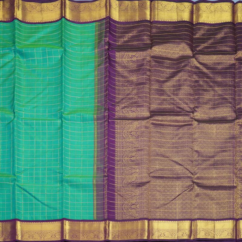 Hayagrivas Handloom Blue-Green Kanjivaram Silk Saree with Purple Border KBF248E8-1