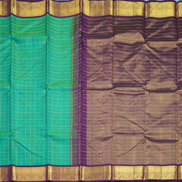 Hayagrivas Handloom Blue-Green Kanjivaram Silk Saree with Purple Border KBF248E8-1