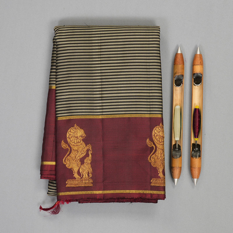 Hayagrivas Handloom Black &amp; Grey Stripes Kanjivaram Silk Saree with Wine Maroon Border KBF249E1-1