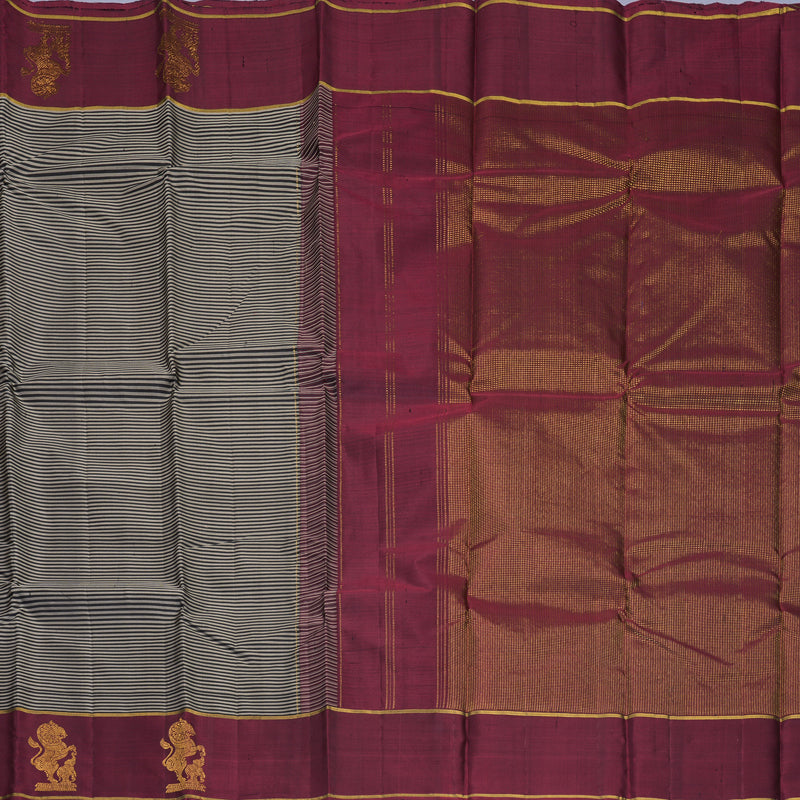 Hayagrivas Handloom Black &amp; Grey Stripes Kanjivaram Silk Saree with Wine Maroon Border KBF249E1-1