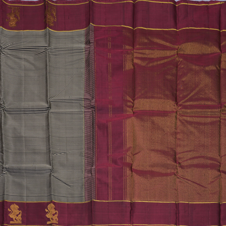 Hayagrivas Handloom Black &amp; Grey Stripes Kanjivaram Silk Saree with Wine Maroon Border KBF249E1-1