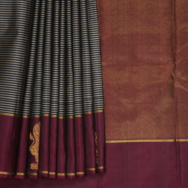 Hayagrivas Handloom Black &amp; Grey Stripes Kanjivaram Silk Saree with Wine Maroon Border KBF249E1-1