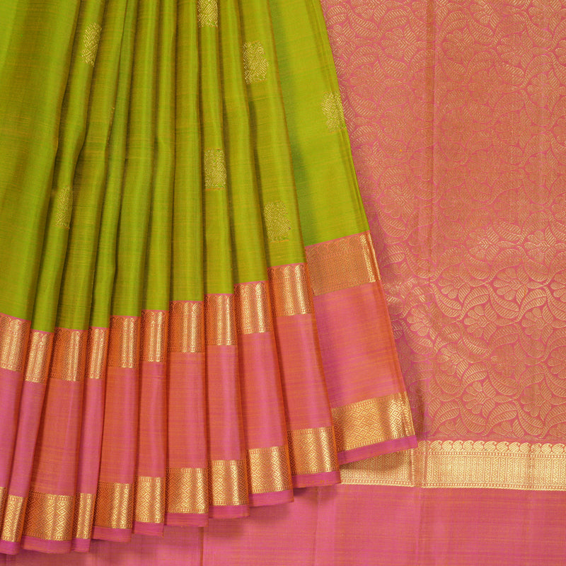 Hayagrivas Handloom Fluorescent Green Kanjivaram Silk Saree with Onion Pink Border KBF249E6-4