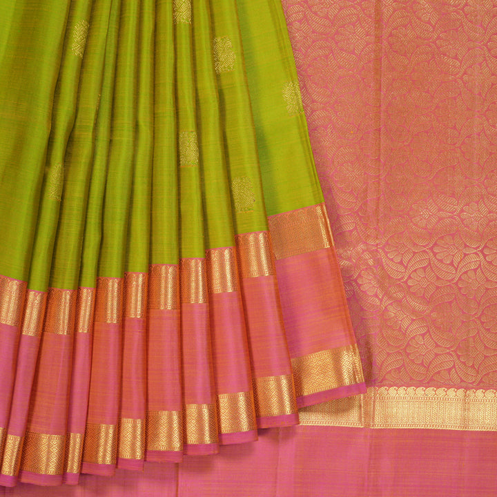 Hayagrivas Handloom Fluorescent Green Kanjivaram Silk Saree with Onion Pink Border KBF249E6-4