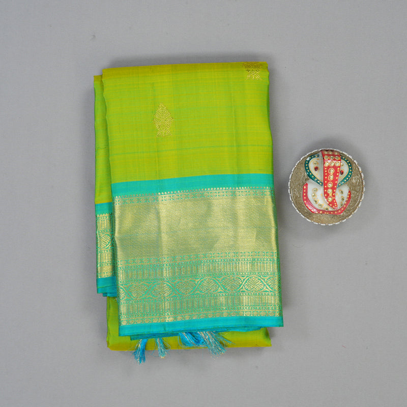 Hayagrivas Handloom Lime Green Kanjivaram Silk Saree with Sky Blue Border KBF24D1-1