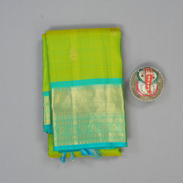 Hayagrivas Handloom Lime Green Kanjivaram Silk Saree with Sky Blue Border KBF24D1-1