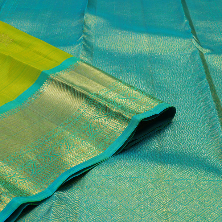 Hayagrivas Handloom Lime Green Kanjivaram Silk Saree with Sky Blue Border KBF24D1-1