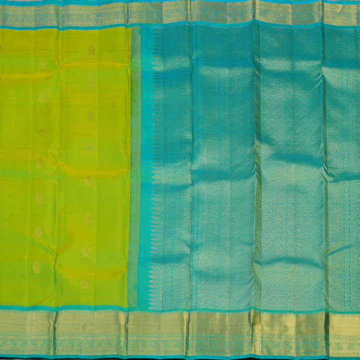 Hayagrivas Handloom Lime Green Kanjivaram Silk Saree with Sky Blue Border KBF24D1-1