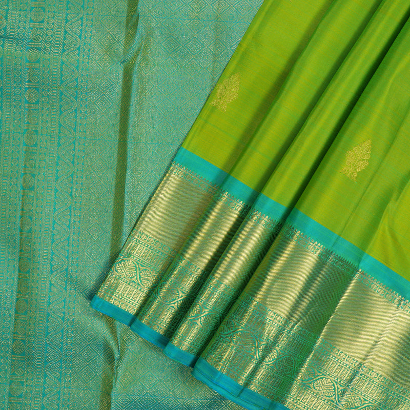 Hayagrivas Handloom Lime Green Kanjivaram Silk Saree with Sky Blue Border KBF24D1-1