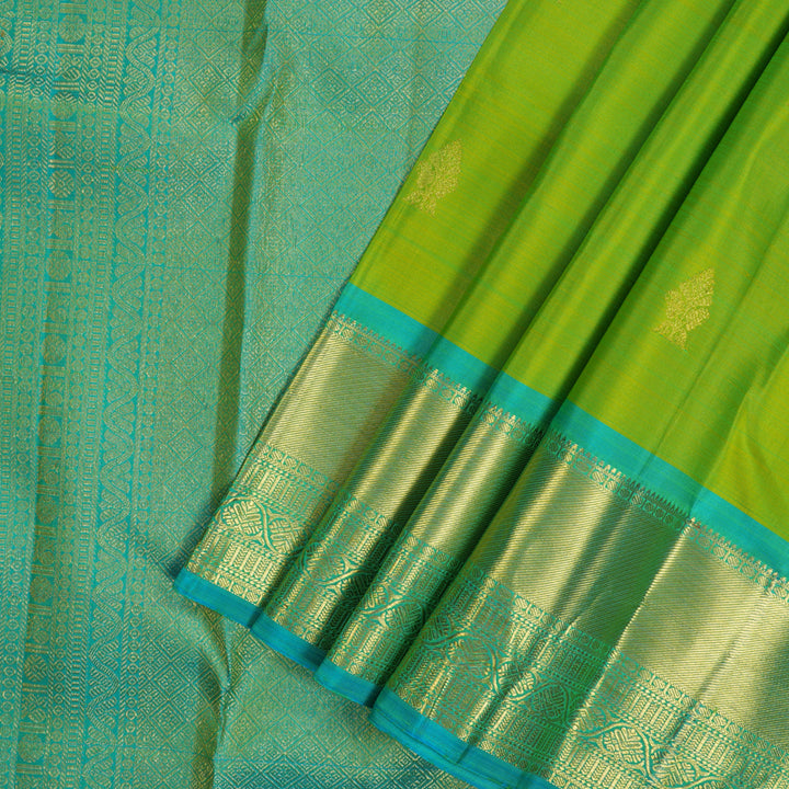 Hayagrivas Handloom Lime Green Kanjivaram Silk Saree with Sky Blue Border KBF24D1-1