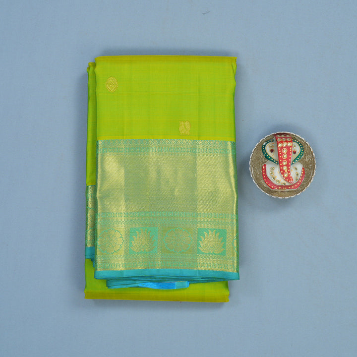 Hayagrivas Handloom Lime Green Kanjivaram Silk Saree with Sky Blue Border KBF24D1-21