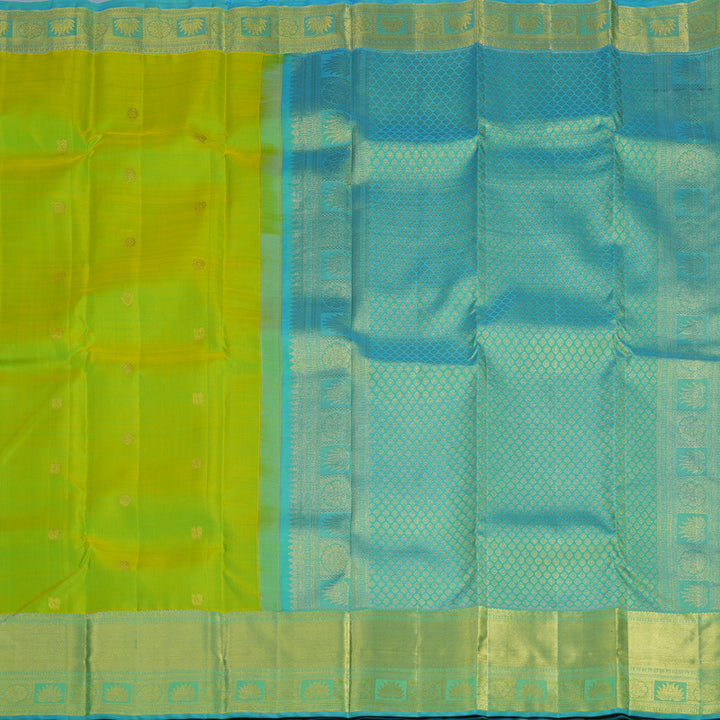 Hayagrivas Handloom Lime Green Kanjivaram Silk Saree with Sky Blue Border KBF24D1-21