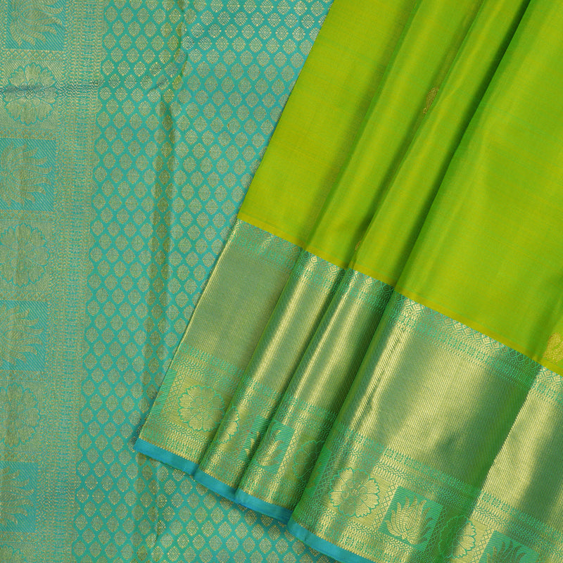 Hayagrivas Handloom Lime Green Kanjivaram Silk Saree with Sky Blue Border KBF24D1-21