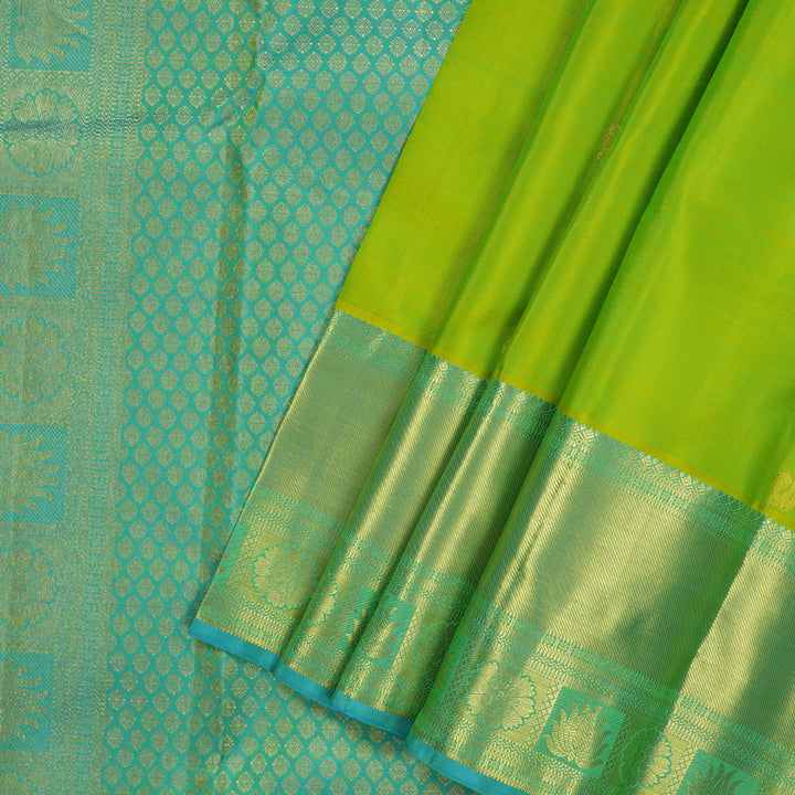 Hayagrivas Handloom Lime Green Kanjivaram Silk Saree with Sky Blue Border KBF24D1-21