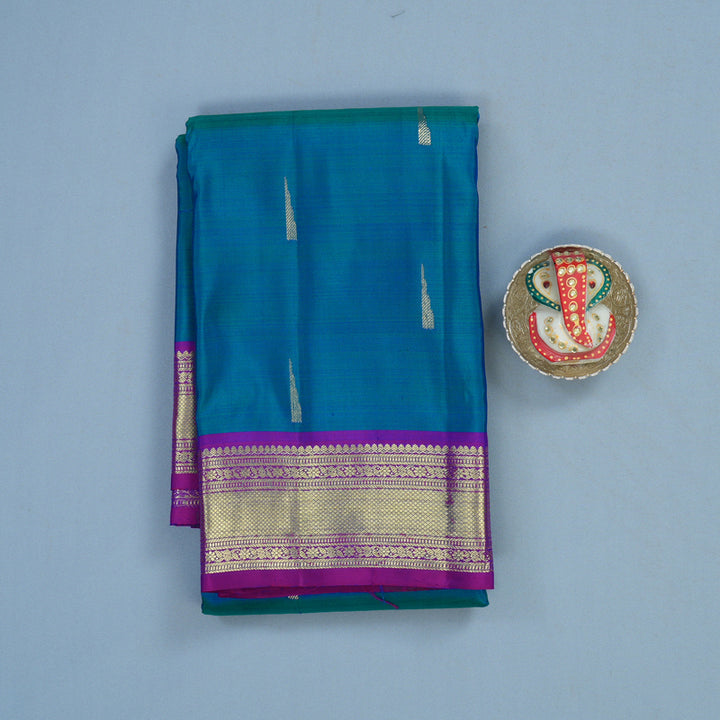 Hayagrivas Handloom Peacock Blue Kanjivaram Silk Saree with Purple Border KBF24D1-9