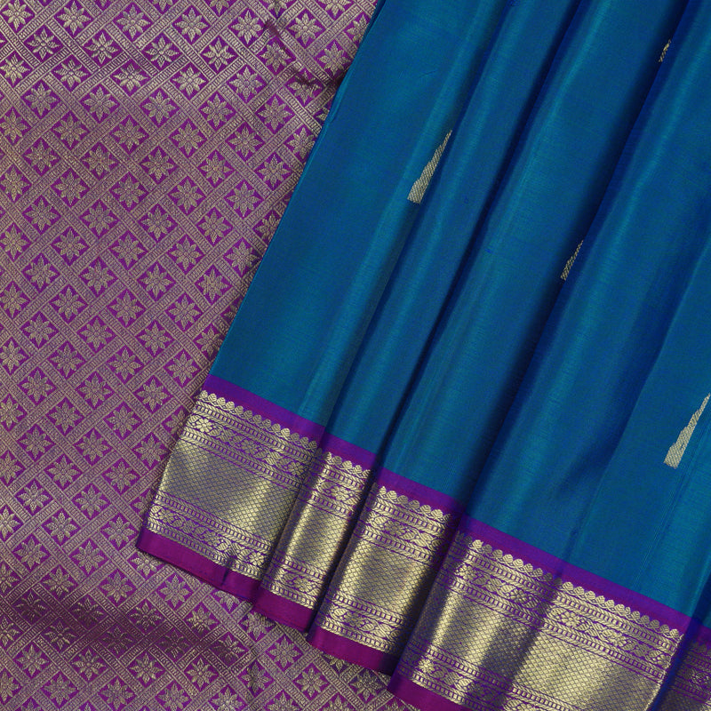Hayagrivas Handloom Peacock Blue Kanjivaram Silk Saree with Purple Border KBF24D1-9