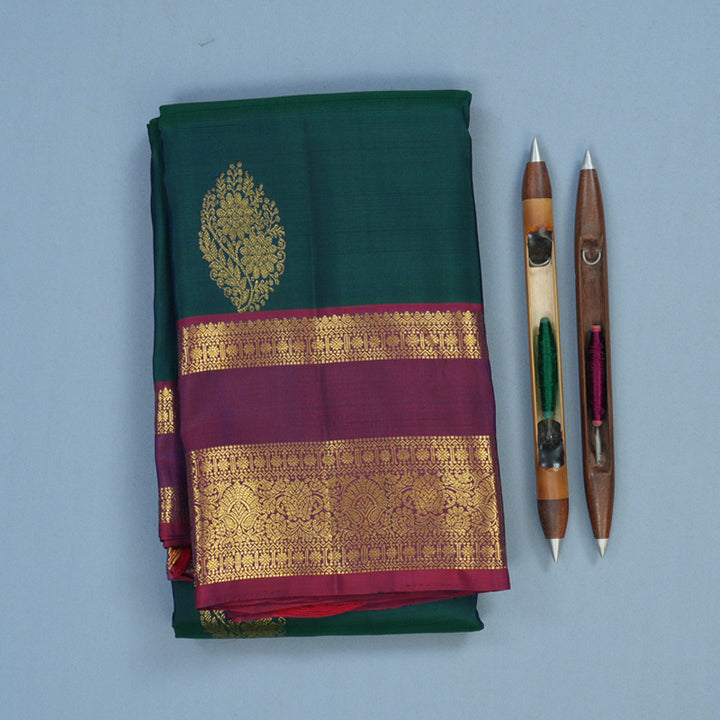 Hayagrivas Handloom Peacock Green Kanjivaram Silk Saree with Magenta Border KBF24D4-1