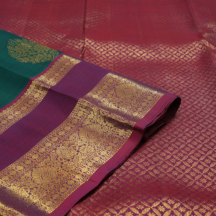 Hayagrivas Handloom Peacock Green Kanjivaram Silk Saree with Magenta Border KBF24D4-1