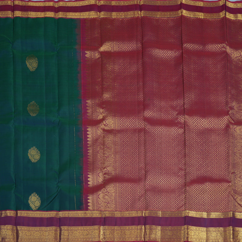 Hayagrivas Handloom Peacock Green Kanjivaram Silk Saree with Magenta Border KBF24D4-1