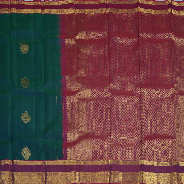 Hayagrivas Handloom Peacock Green Kanjivaram Silk Saree with Magenta Border KBF24D4-1