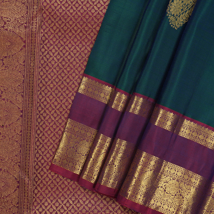 Hayagrivas Handloom Peacock Green Kanjivaram Silk Saree with Magenta Border KBF24D4-1