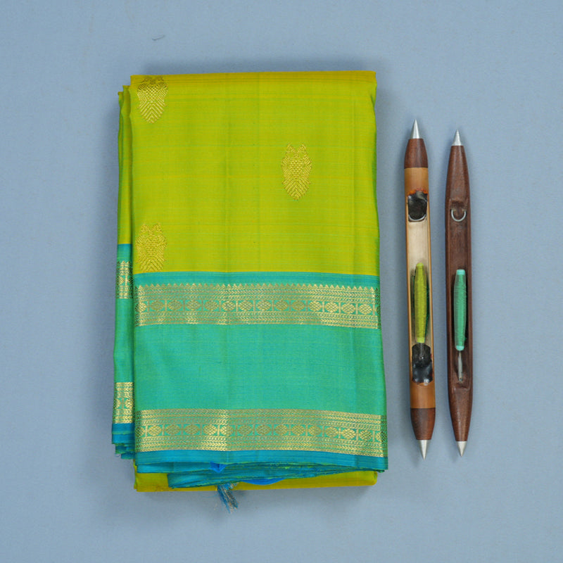 Hayagrivas Handloom Lime Green Kanjivaram Silk Saree with Aqua Green Border KBF24D4-6