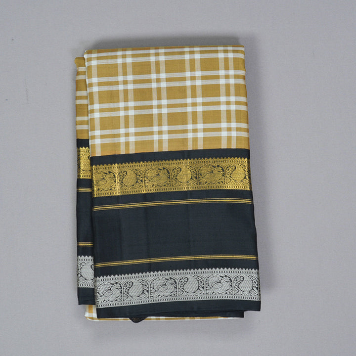 Hayagrivas Handloom Khaki Brown & White Checks Kanjivaram Silk Saree KBF250E2-1