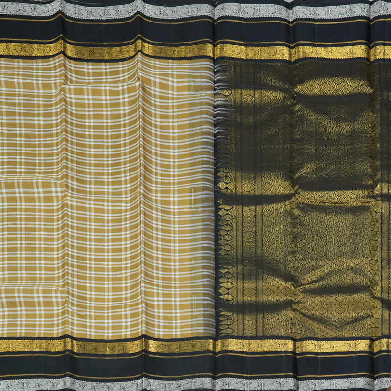 Hayagrivas Handloom Khaki Brown & White Checks Kanjivaram Silk Saree KBF250E2-1