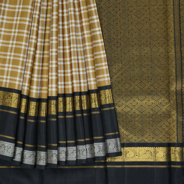 Hayagrivas Handloom Khaki Brown & White Checks Kanjivaram Silk Saree KBF250E2-1