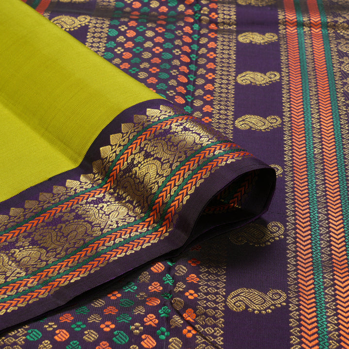 Hayagrivas Handloom Lime Green Kanjivaram Silk Saree with Violet Border KBF251E8-1