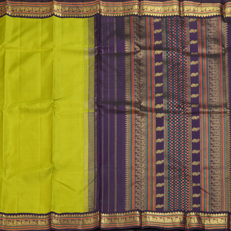 Hayagrivas Handloom Lime Green Kanjivaram Silk Saree with Violet Border KBF251E8-1