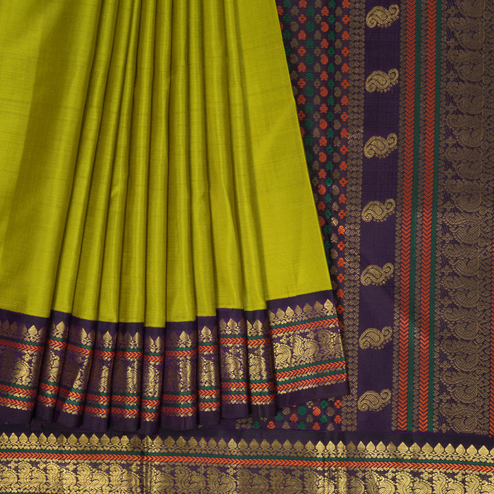 Hayagrivas Handloom Lime Green Kanjivaram Silk Saree with Violet Border KBF251E8-1