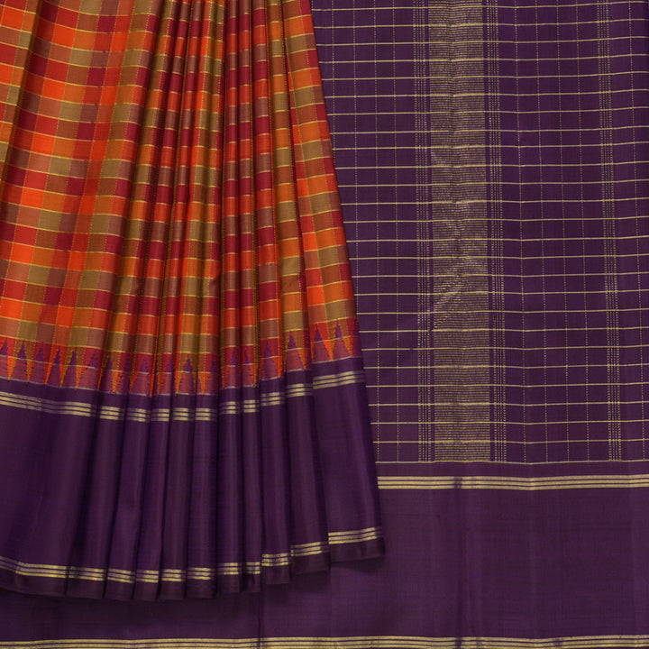 Hayagrivas Handloom Multicolour Checks Kanjivaram Silk Saree with Purple Border KBF251E9-1