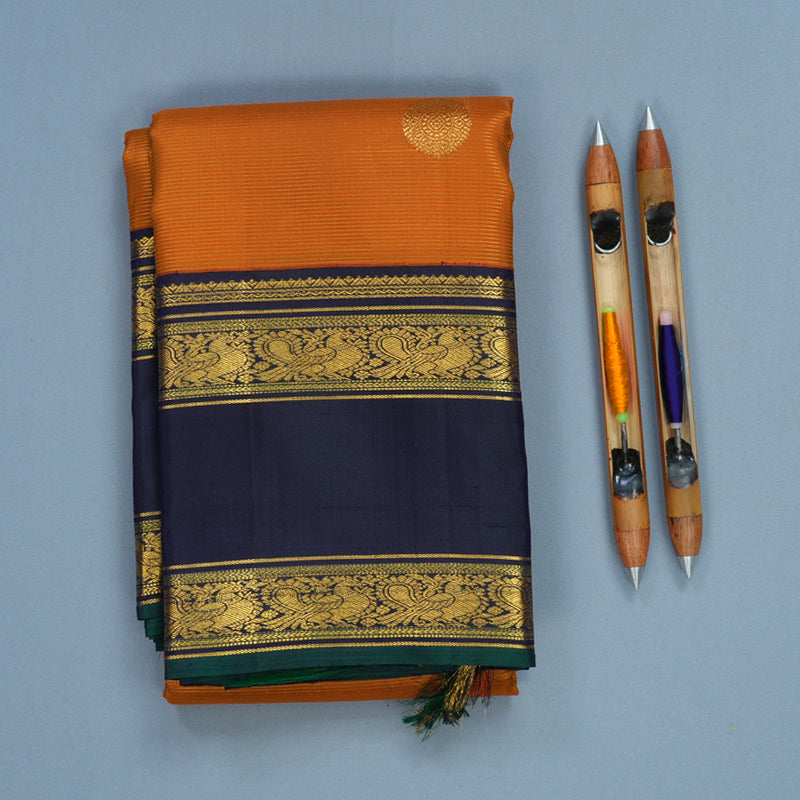 Hayagrivas Handloom Orange Kanjivaram Silk Saree with Navy Blue Border KBF253E2-2
