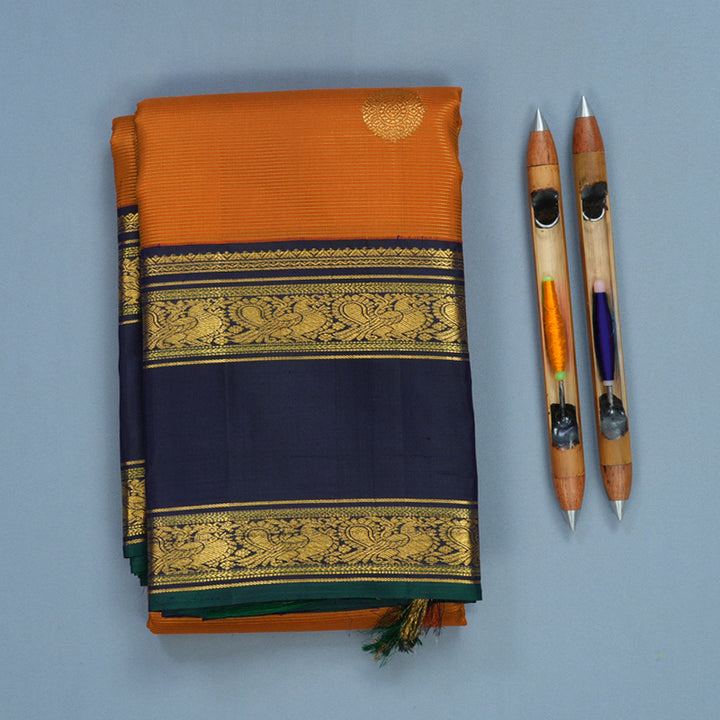 Hayagrivas Handloom Orange Kanjivaram Silk Saree with Navy Blue Border KBF253E2-2