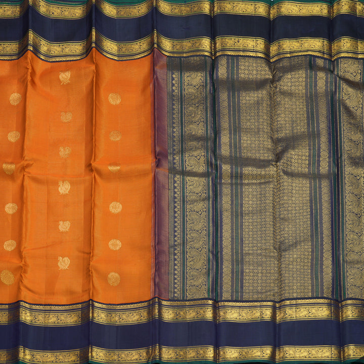 Hayagrivas Handloom Orange Kanjivaram Silk Saree with Navy Blue Border KBF253E2-2
