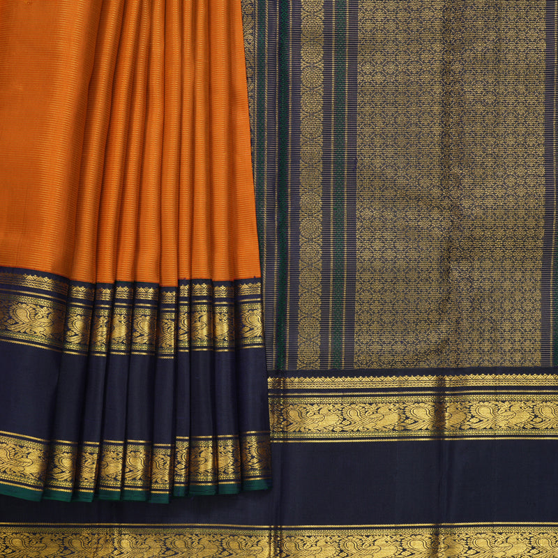 Hayagrivas Handloom Orange Kanjivaram Silk Saree with Navy Blue Border KBF253E2-2